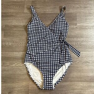 Tommy Bahama Gingham Wrap Front One Piece Swimsuit Mare Navy SS300489 Womens 14